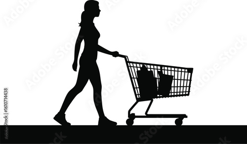 Woman pushing shopping cart filled with items silhouette