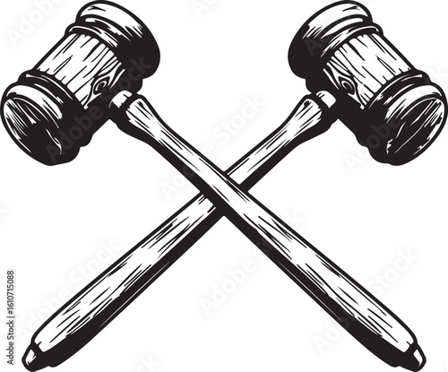 Two Wooden Gavel Crossed Illustration Depicting Law, Justice, and Order With Detailed Wood Grain Texture and Shading, Emphasizing Authority