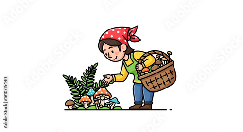 Woman picking mushrooms in a forest, placing them in a woven basket. She wears a red bandana.
