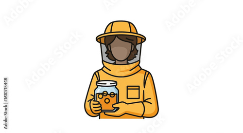 Beekeeper in protective suit holding a jar of honey.