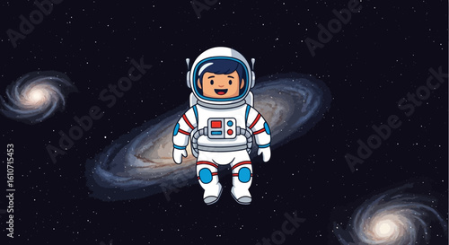 Cartoon astronaut floating in space with galaxies in the background.