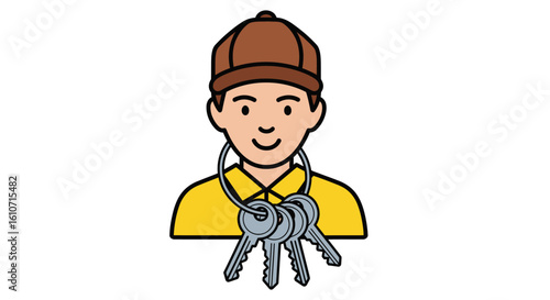 Cartoon illustration of a person wearing a cap and holding a bunch of keys around their neck.