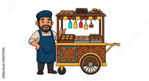 Smiling vendor proudly presents his ornate food cart stocked with assorted baked goods.
