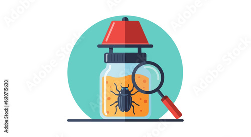 A stylized illustration of a bug trap with a beetle inside a jar, viewed through a magnifying glass.