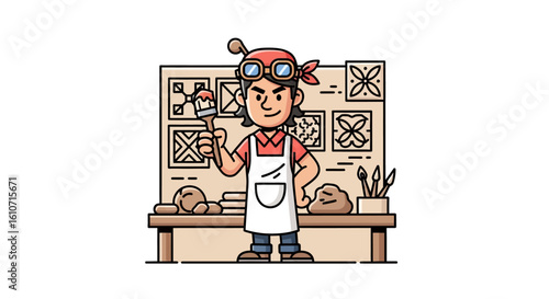 Cartoon artist stands at a table holding a paintbrush, with artwork displayed behind.