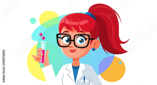 Cartoon female scientist holding a test tube with colorful liquid,  a cheerful expression.