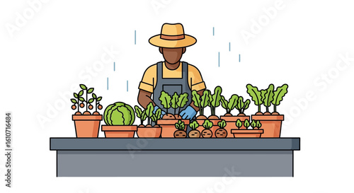 A farmer wearing a hat and overalls tends to various potted plants on a table, nurturing growth.
