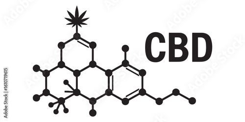 Black and white cbd molecule structure graphic with cannabis leaf and cbd text on white background