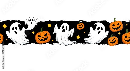 A halloween themed border with ghosts pumpkins and yellow stars on a black background design element