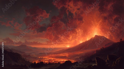 A cataclysmic view of a powerful volcano erupting, its fiery lava illuminating a smoke-filled sky and a doomed landscape at dusk