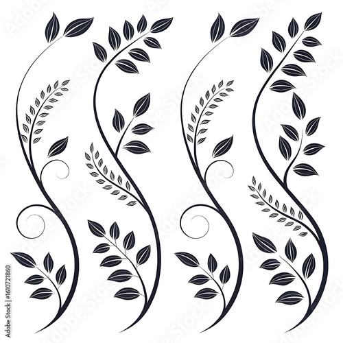 Four elegant black floral vine designs with leaves and small flowers