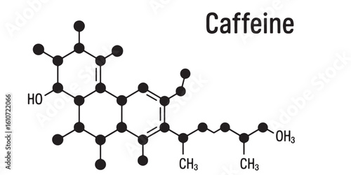 Illustration of a caffeine molecule structure with black lines and circles on a white background