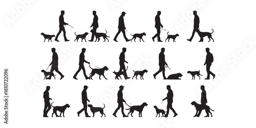 Silhouettes of people walking dogs on leashes in various poses on a white background in a pattern