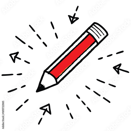 Hand-drawn illustration of a red pencil with a black tip and eraser. It's surrounded by dashed lines and four arrows pointing towards it, all in black, suggesting emphasis or focus on the pencil.