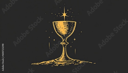 Mystical Golden Chalice with Radiant Star Engraving on Dark Background
