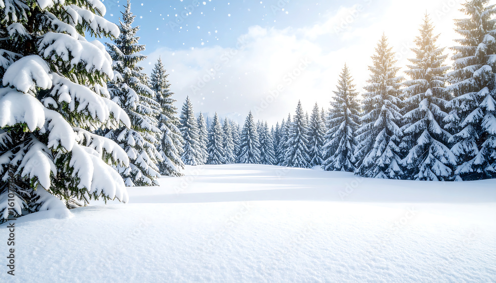 Fototapeta premium Dense Snowfall on Evergreen Trees in a Quiet Forest
