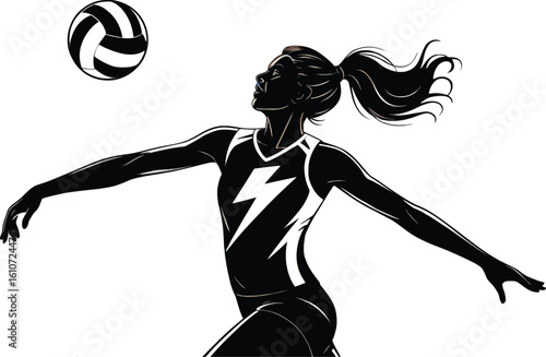 Volleyball Silhouette: A dynamic silhouette of a female athlete in action, reaching to spike a volleyball with power and precision.