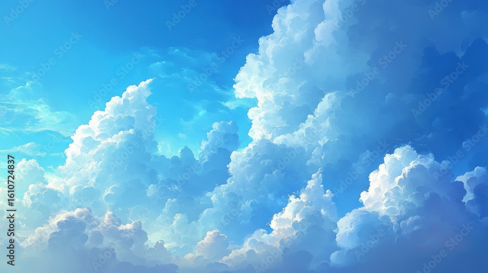 Naklejka premium Vivid blue sky filled with fluffy white cumulus clouds, bright sunlight.