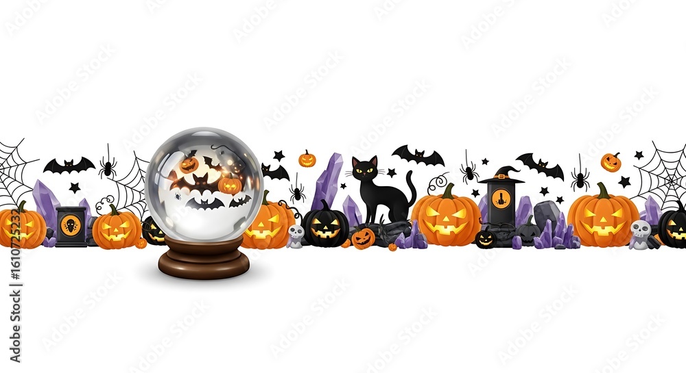 Obraz premium A halloween border with pumpkins, a snow globe, a black cat, and spooky decorations on white