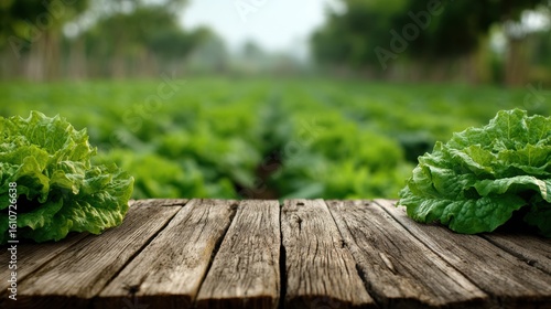 Fresh lettuce on a wooden table with green crop fields in the background, highlighting organic farming and healthy eating.
