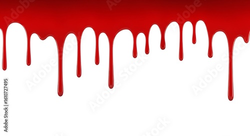 Dripping red liquid paint or blood against a white background creating a graphic design element