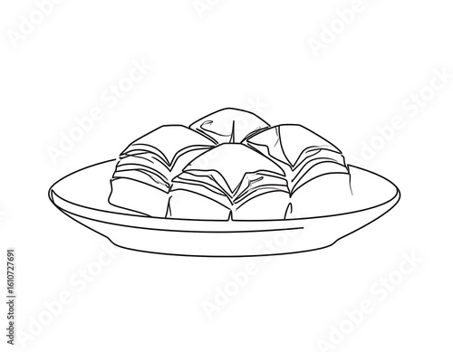 Line drawing of pastries on a plate.  Simple food illustration