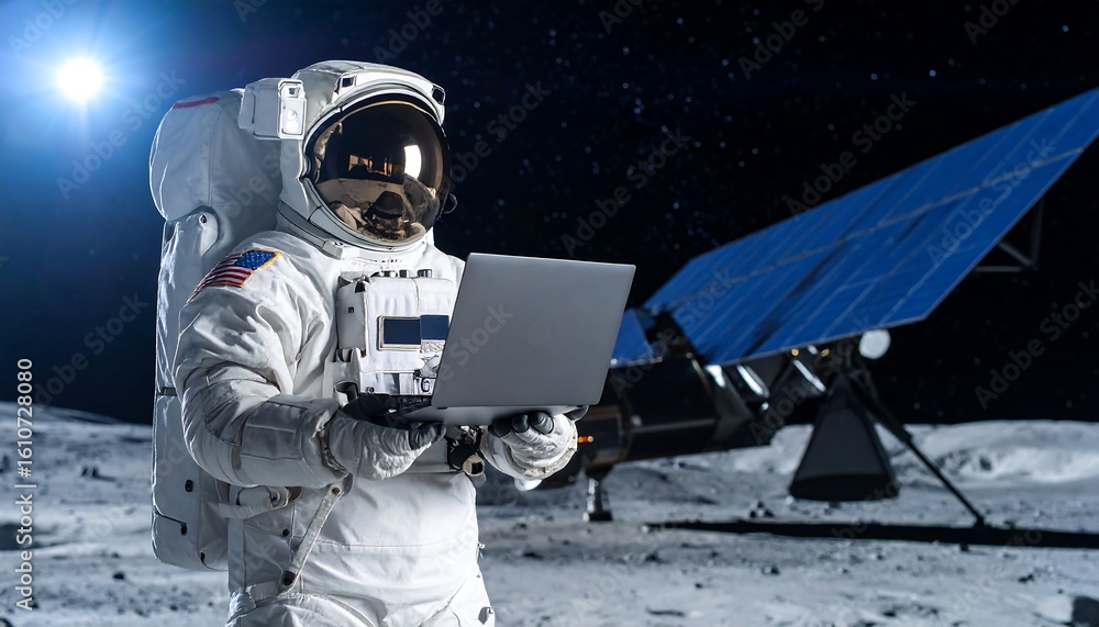 Fototapeta premium Astronaut on lunar surface using laptop near solar panel