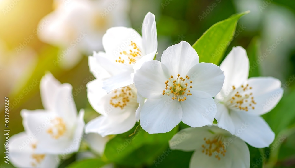 Fototapeta premium Close-up of delicate white blossoms with yellow centers, sunlit green leaves blurred in the background