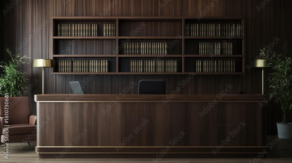 Fototapeta premium Law office reception counter mockup with law books behind interior registration copy space desk design indoor decoration front view Black marble material plant décor