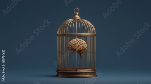 psychology power control concept. Caged brain symbolizes confinement of thoughts and ideas.