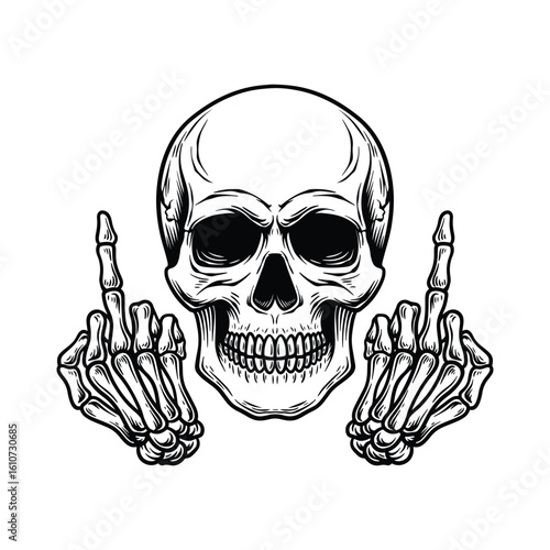 Skull middle finger, skeleton flipping off, rude skeleton illustration, black and white skull art