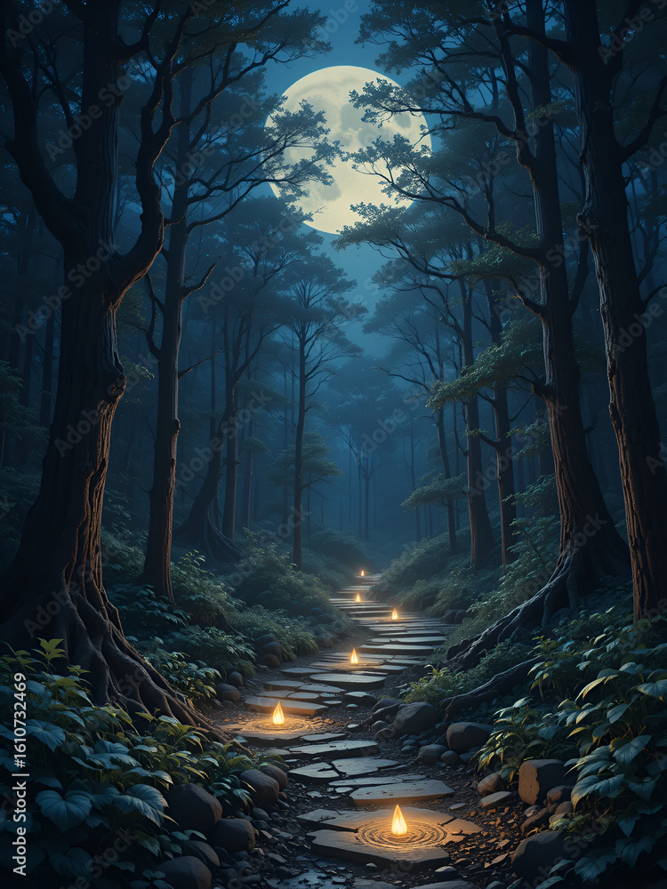 Fototapeta premium Explore the illuminated paths through a mysterious dark forest, where wisdom and purpose intertwine, offering guidance and inspiration Discover the enchanting moonlit trails, leading to