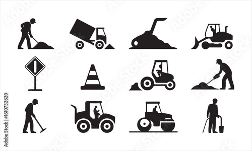 Vector icon set of construction workers and heavy equipment in black silhouette style
