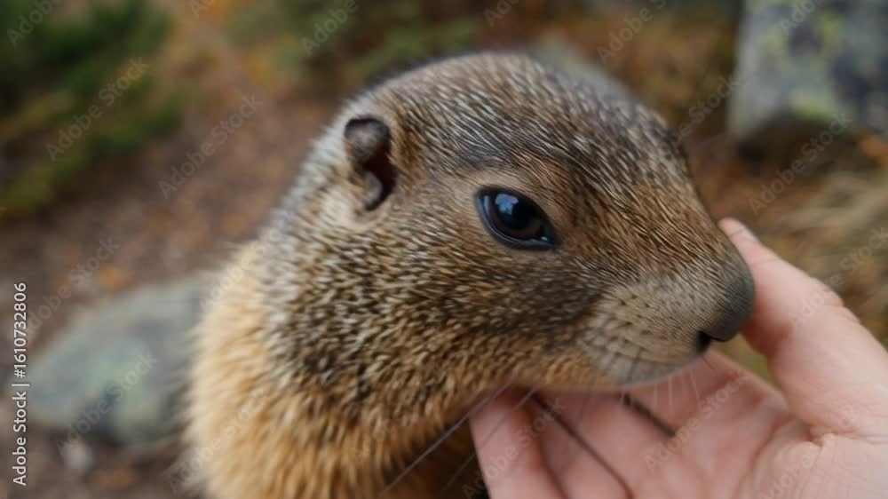 A close-up shot of a furry marmot being gently stroked by a human hand outdoors. A close-up shot of a furry marmot being gently stroked by a human hand outdoors.
