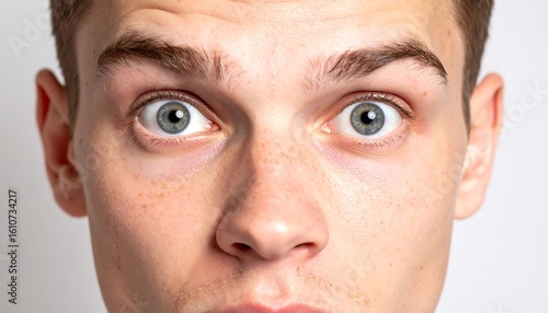 Close-up of a young man's face, eyes wide with surprise or shock