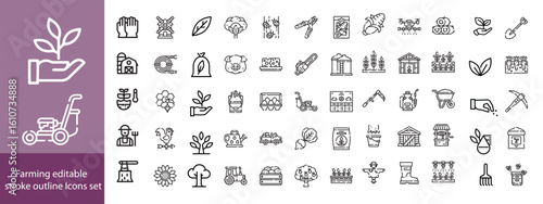 Farming editable stroke outline Icons set. Farming, agriculture, mill, harvesting, vegetables, wheat, milk and egg. Vector illustration