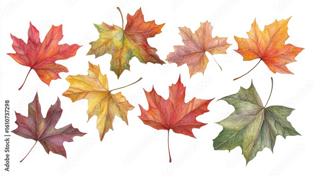 Fototapeta premium Watercolor painting of nine autumn maple leaves in various colors and shades on white background.