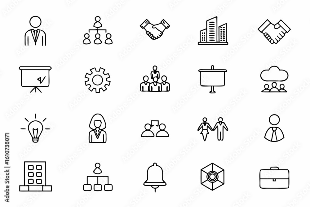 Fototapeta premium A refined line art bundle capturing essential corporate culture and professionalism. Ideal for HR materials, office branding, and business documents.