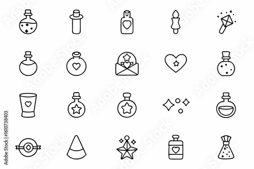 A whimsical line vector bundle highlighting bottles used in daily life and magical themes. Great for décor, fantasy books, and craft product designs.