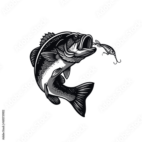 Fish hunter logo silhouette icon vector flat illustration on white background.