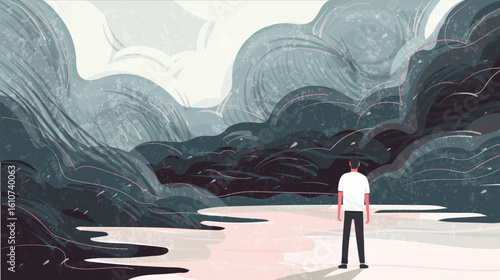 Depression and crisis in life. Man standing alone against dark abstract stormy landscape. Flat vector illustration of psychology. Concept of loneliness, strong emotions, psychological trauma.