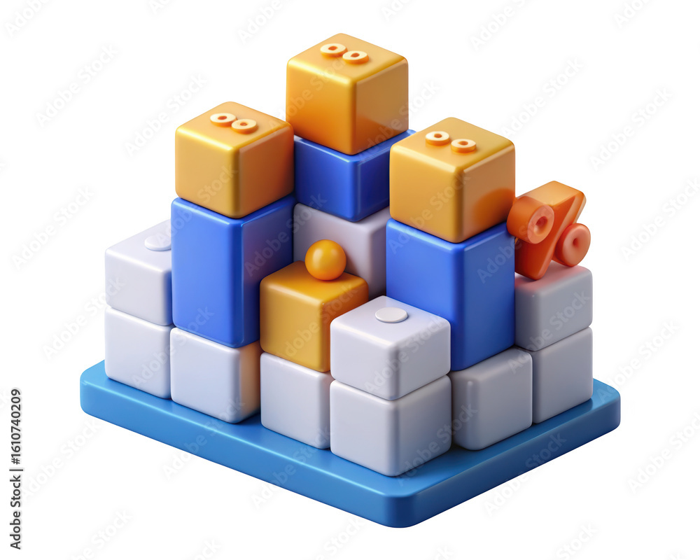 Fototapeta premium Isometric block chart depicting growth and percentage with white blue and orange tones against a dark background business and financial graphic