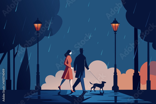 Couple walking dog in rainy evening park