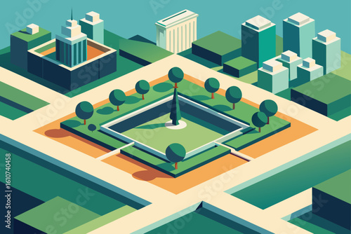 Isometric cityscape with a central courtyard and green spaces