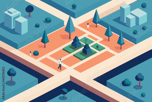 Isometric cityscape with park and monument