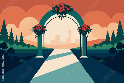 Archway leading to a serene landscape at sunset