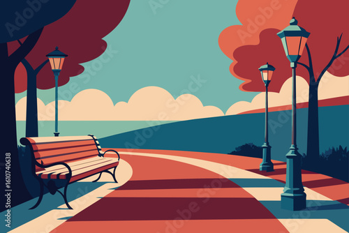 Serene park pathway with benches and lampposts