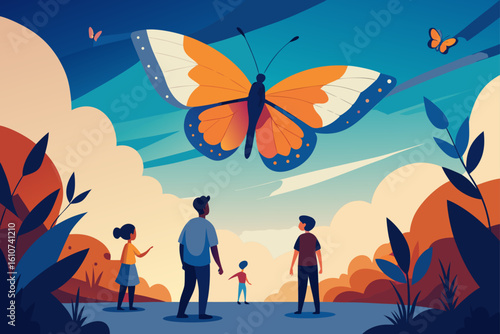 Family gazes up at giant butterfly in scenic landscape