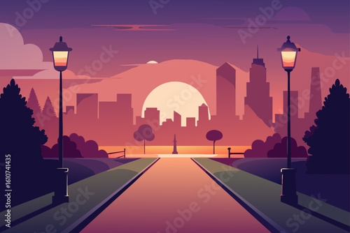 Cityscape silhouette at sunset with park path and lampposts