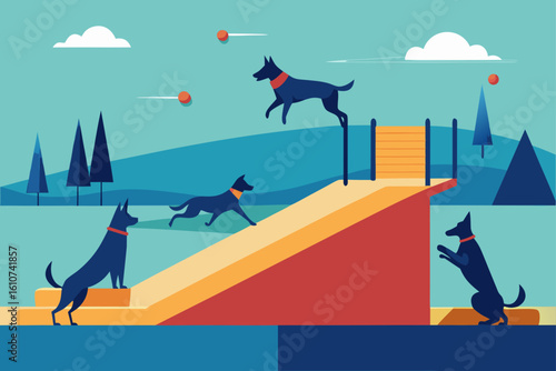 Dogs enjoying a city park at sunset with modern architecture